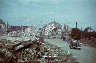 car driving through ruins in Saint Nazaire, France 1942