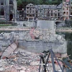 destroyed bridge over the river Maas in Dinant, Belgium 1940
