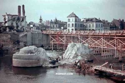 destroyed bridge over the river Oise in Compiègne, France ~1940