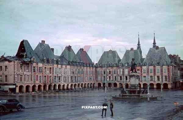destroyed buildings at the Ducale Square in Charleville-Mézières, France 1940