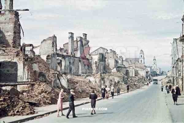 destroyed buildings in Minsk, Belarus, Russia 1941