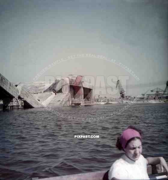 destroyed bunker Fink II at the Rüschkanal in Hamburg Finkenwerder, Germany 1946