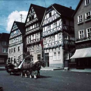 horse carriage on market place in Fritzlar, Germany 1938