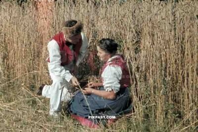 man and woman in traditional costume in a field, Germany ~1938