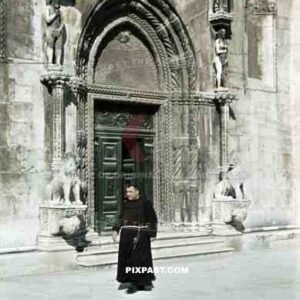 monk in front of St. James cathedral in Sibenik, Croatia
