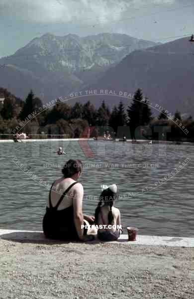 mother and daughter at open-air bath in Pfronten, Germany 1939