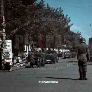 soldier controlling the traffic in Kramatorsk, Ukraine 1942