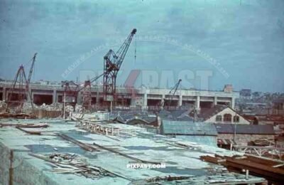 uboat kriegsmarine bunker construction cranes in Saint Nazaire, France 1942