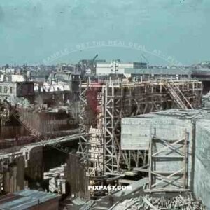 uboat kriegsmarine bunker construction cranes in Saint Nazaire, France 1942