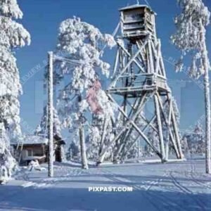 watchtower in snowy landscape, Finland 1944