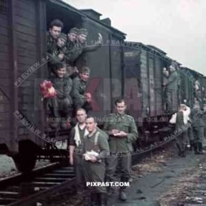 wehrmacht soldier train transport station russia flowers 1941 reichsbahn