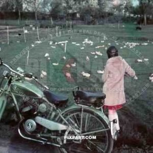 woman in red skirt and leather helmet with a motorbike watching ducks in Bremerhaven, Germany 1939