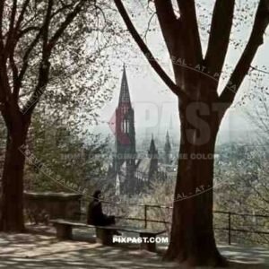 woman on a bench looking over Freiburg, Germany 1939