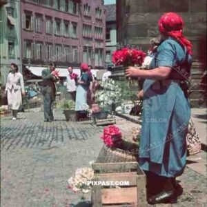 woman selling flowers in Freiburg, Germany 1939