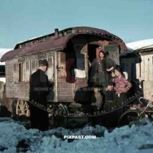 ww2 color 1939 Stuttgart German amateur photographers taking photos of Gypsy family in caravan horse wagon.