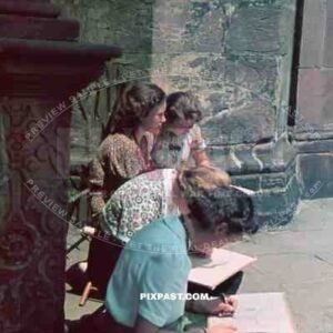 young girls drawing in the street in Freiburg, Germany 1939